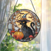Black Cat Suncatcher: Halloween Pumpkin, Moon, Gothic Glass Art